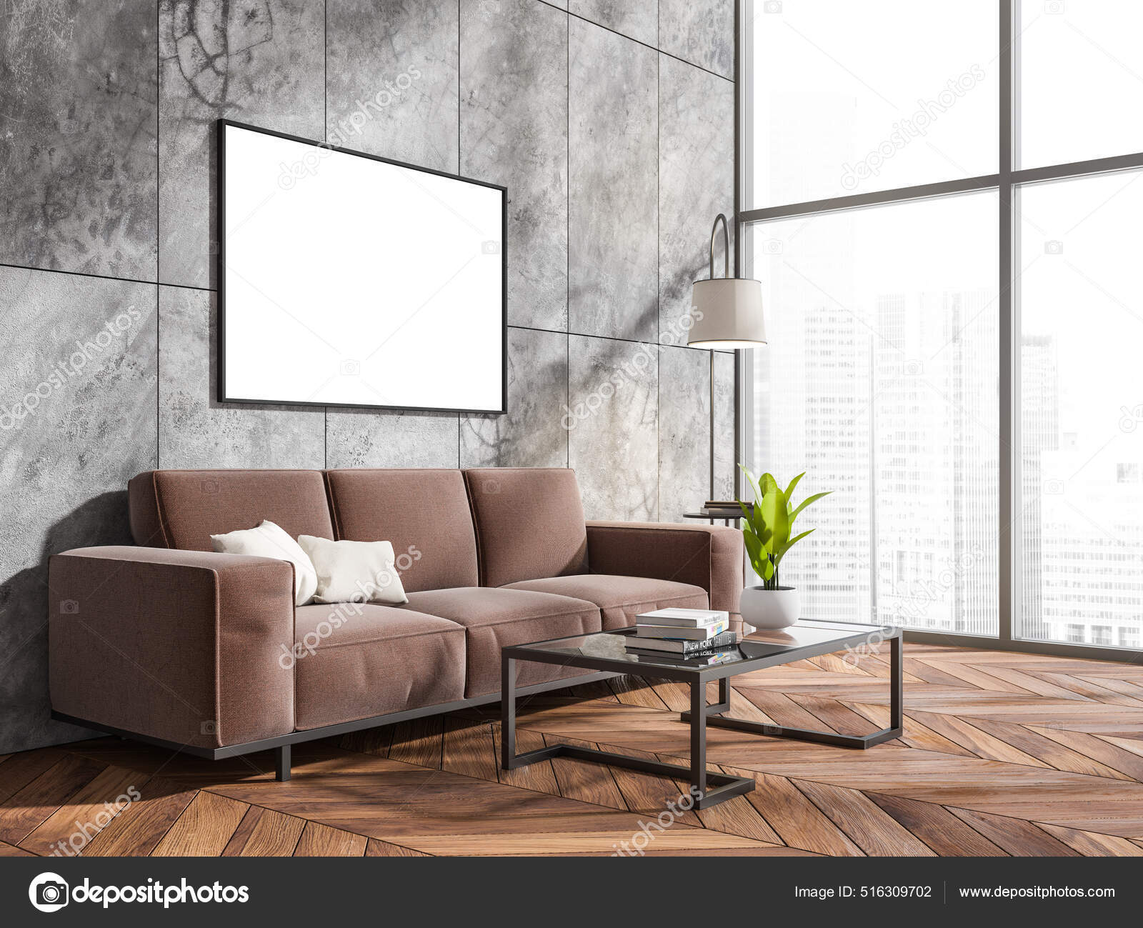 Modern Living Room Interior Brown Couch Coffee Table Laptop