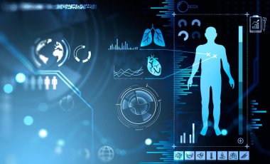 İnsan vücudunun hologramıyla dijital arayüz ve akciğer, hap, termometre, şırınga, teşhis, pasta diyagramı ikonlarıyla gövde. Gelecekteki sağlık teknolojileri kavramı. 3d oluşturma
