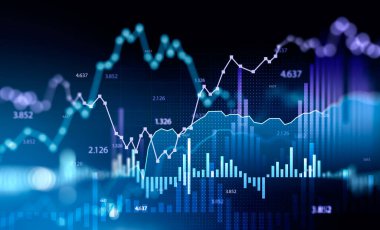Borsa büyümesi, iş hatları ve değişen rakamlarla birlikte grafik çizelgesi. Mavi ve mor renkli hologram. Finans ve çevrimiçi ticaret kavramı. 3B görüntüleme