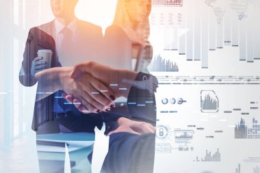 İş adamı ve iş kadını el sıkışıyor, iki kişi ve dijital ikonlar, bar çizelgesi ve istatistikler iki kez ortaya çıkıyor. Takım çalışması ve büyüme kavramı