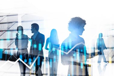 Borsa değişiklikleri üzerinde çalışan bir grup iş adamı. Bar Forex dosyası. Çifte maruziyet. Takım çalışması, toplantı ve iş anlaşması. Finans ve ticaret kavramı