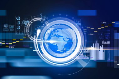 Küre ve bilgi koruma simgeleriyle parlayan mavi hologram gövdesi. Asma kilit ve bar çizelgeleriyle dijital arayüz. Siber güvenlik ve veri depolama kavramı. 3d oluşturma