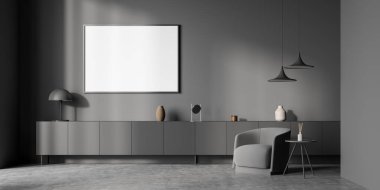 Boş yatay tuval ve gri oturma odasının iç kısmında tek koltuklu ekstra uzun büfe. İki kolye lambası ve beton döşeme kullanılarak düzgün dizayn edilmiş. Model yap. Minimalist bir kavram. 3d Kırpma