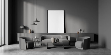 Gri oturma odasının içindeki ekstra uzun büfede boş bir tuval, iki koltuk ve minimalist detaylar. Beton zemin. Model yap. Moda tasarımı kavramı. 3d Kırpma