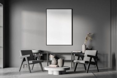 Modern gri oturma odasının duvarında boş tuval, iki basit koltuk, sehpa, düşük raf ve halı ile döşenmiş. Beton zemin. Model yap. İç tasarım konsepti. 3d oluşturma