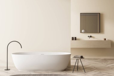 Modern oval beyaz banyo küveti ve boş banyo bölme tasarımı olan tabure. Lavabolu raf süsleme alanı, arka planda bej duvarda kare ayna var. Parke. Minimalist bir kavram. 3d oluşturma