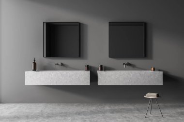 Gri duvarı, beton zemini, rafların üzerinde iki kare ayna ve minimalist taburesi olan seyrek bir banyo. Modern tasarım kavramı. 3d oluşturma