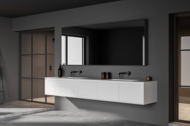 Gri banyo içi duşla, lavabo jel ve şişelerle, yan manzara. Beton zemin ve camları yansıtan ayna. 3B görüntüleme