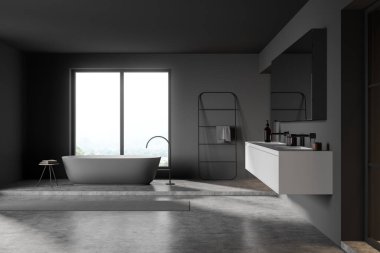 Beyaz lavabo ve aynalı gri modern banyo, beton zeminde küvet. Kırsal kesimli panoramik pencere, havluyla merdiven. 3B görüntüleme
