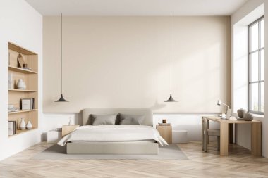 Ahşap yatak odasının içi, yatak ve sanat rafı, parke zemin ve halı, masa ve pencerenin yanındaki sandalye. Uyku odasındaki boş duvarı kopyala, 3 boyutlu görüntüleme