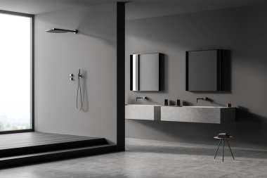 Minimalist gri duş odası içi tabure, kare aynalar, iki kibir, beton malzeme ve ahşap görünümlü döşeme duş alanında yerden tavana pencereli. Modern tasarım kavramı. 3d oluşturma
