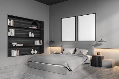 Açık gri yatak odası içinde yatak ve çarşaflar, lambalı kahve masaları. Arka arkaya iki sanat çerçevesi, beton zeminli uyku odası, üç boyutlu görüntüleme.