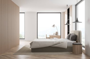 Parlak yatak odasının içi panoramik pencereli, kırsal manzaralı, yataklı, halılı ve parke zeminli. Soğukluk ve rahatlama için minimalist tasarım kavramı. 3d oluşturma
