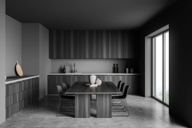 Mutfak ve yemek masası olan gri bir iç mekan. Beton zemin, panoramik manzara ve sobanın üzerinde boş alan. Modern tasarım kavramı, ince sandalyeler, basit dolaplar ve ahşap malzemeler. 3d oluşturma