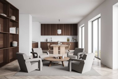 Minimalist tarzda mutfağı olan modern beyaz yaşam alanı, dört koltuklu oturma alanı, bej tasarımı, koyu ahşap dolapları ve açık ahşap parke zemini var. 3d oluşturma