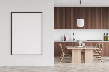 Minimalist mutfakta yemek masası olan bir çerçeve. Moda tasarımında, kolye lambası, parke zemin, ahşap malzemeler ve beyaz duvar kullanılıyor. Modern apartman dairesi kavramı. 3d oluşturma