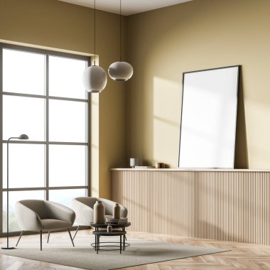 Sanat odasının içi dekorasyon ve aynalı iki koltuk ve çekmece kırsal kesimli panoramik pencere, parke zemin. Açık sarı duvardaki boş tuval kopyalama alanı, 3D görüntüleme