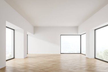 Parlak ofis odası içi panoramik pencereli kırsal manzaralı, boş beyaz duvar ve meşe ağacından parke zemin. Yaratıcı fikir için minimalist tasarım kavramı. 3d oluşturma