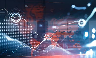 Web ağını gösteren çizgilerle bağlantılı daire hologramlarıyla dijital arayüz. Sanal uluslararası harita. Arka planda ofis işyeri var. Gelecekteki teknolojiler kavramı. 3d oluşturma