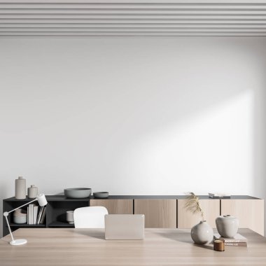 Masa ve dizüstü bilgisayarı olan hafif işler CEO 'su. Sanat dekorasyonu, kitapları, seramik tabağı ve vazosu olan çekmece. Boşluk boş duvarını kopyala, 3B oluşturma