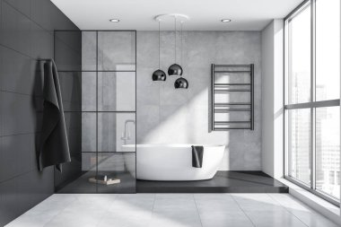 Oval küveti, çerçeveli cam bölmesi, panoramik manzarası, kolye lambaları ve çelik askısı olan banyo. Siyah duvar ve açık gri fayanslar. Modern iç tasarım konsepti. 3d oluşturma
