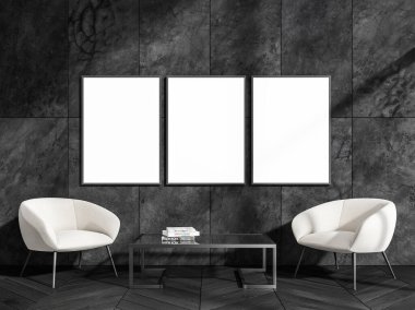 Siyah okuma odasında, içi parke kaplı, içi kitaplarla dolu cam sehpalı iki beyaz koltuk. Satırda üç adet boşluk çerçevesi kopyala, 3B görüntüleme