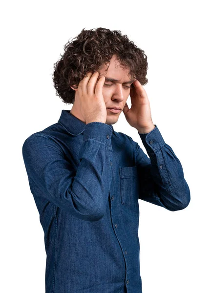 Pensive Businessman Blue Denim Shirt Eyes Closed Holding His Head — Stock Photo, Image