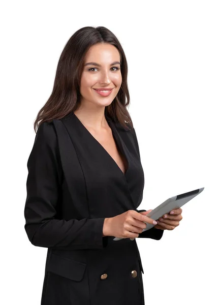 Entelektüel Siyah Ceketli Elinde Tablet Dijital Cihazıyla Çekici Bir Kadını — Stok fotoğraf