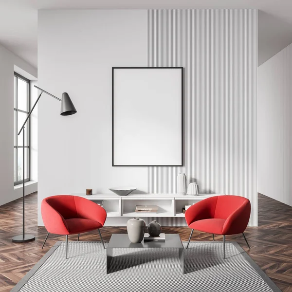 Interior Sala Arte Com Duas Poltronas Vermelhas Gaveta Sala Relaxante — Fotografia de Stock