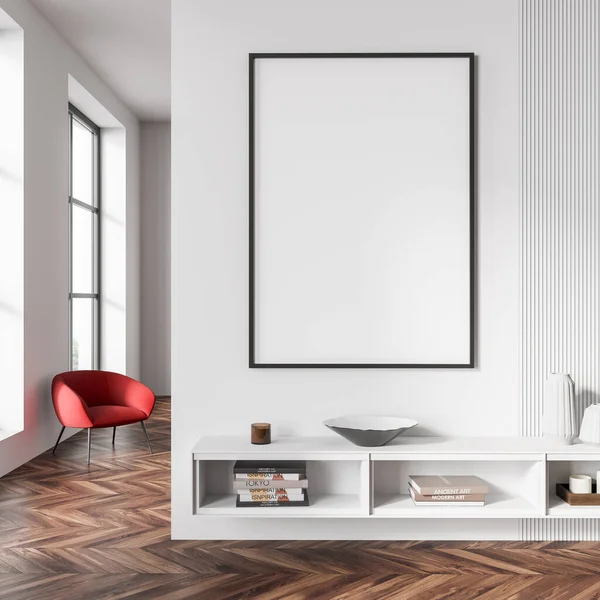 Interior Sala Relaxamento Com Prateleira Madeira Branca Poltrona Perto Janela — Fotografia de Stock