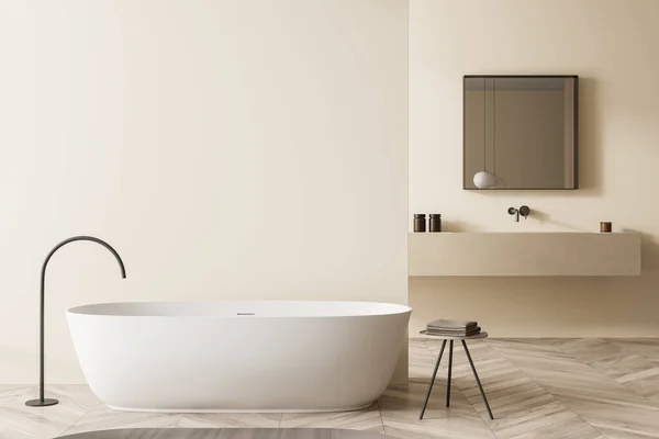 Moderne Ovale Weiße Badewanne Und Hocker Mit Leerer Badezimmerabtrennung Waschtisch — Stockfoto