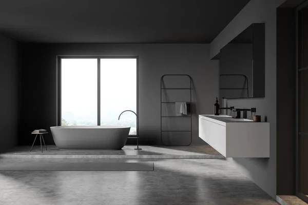 Cinza Interior Banheiro Moderno Com Pia Branca Espelho Banheira Chão — Fotografia de Stock