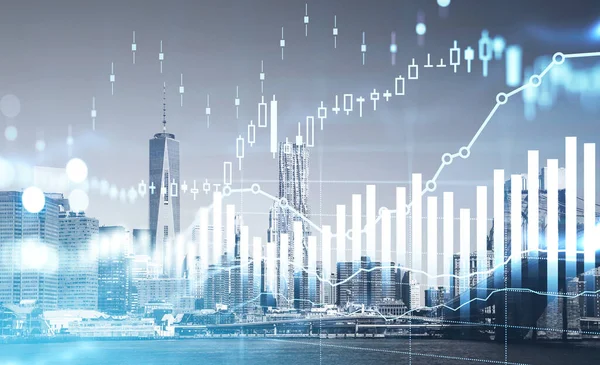 Stock market changes, business bar chart. Double exposure with building skyscrapers in New York, growing numbers. Concept of forex and trading