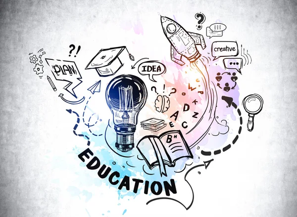 Education to start up new business sketch with light bulb, brain, graduation hat and rocket. All icons are drawn on concrete wall