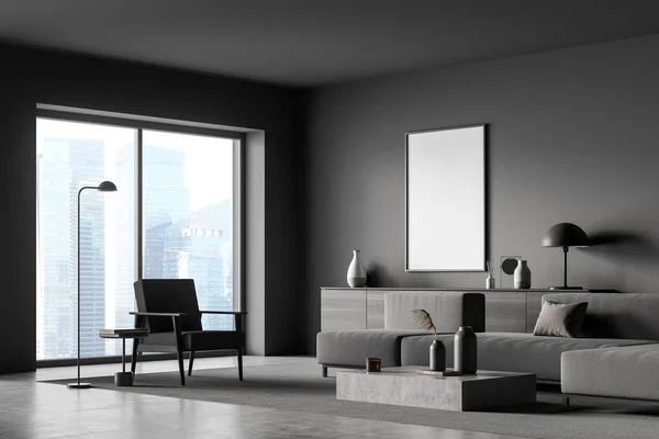 Ecke Des Grau Panoramischen Wohnzimmers Mit Minimalistischen Details Sofa Einzelsessel — Stockfoto