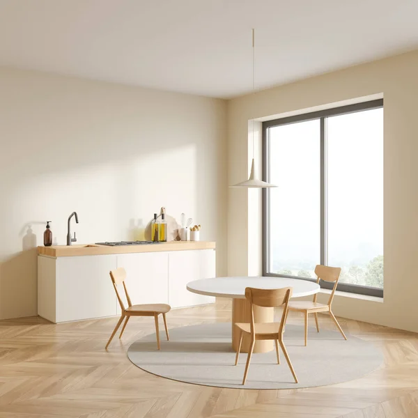 在明亮的厨房室内 有三张椅子 橡木木地板和全景窗 可以看到乡村景色 当代简约主义设计 3D渲染 — 图库照片