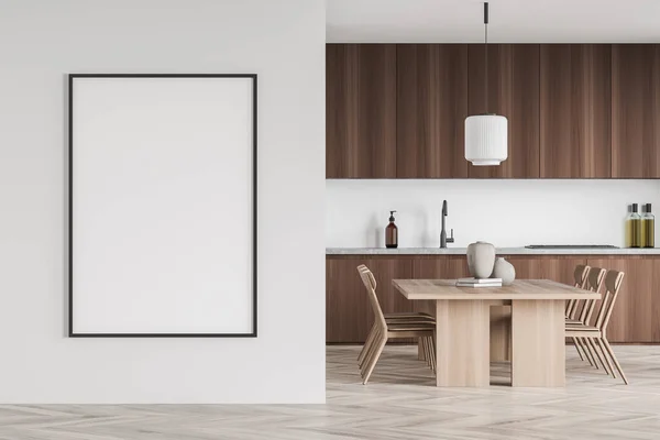 在有饭桌的简约厨房里的调酒架 在潮流设计上 采用吊灯 花束地板 白墙等 现代公寓内部的概念 3D渲染 — 图库照片