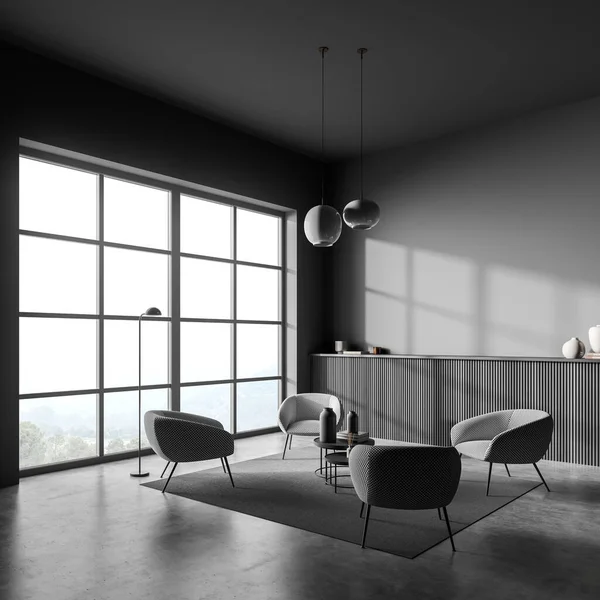 Moderno Interior Habitación Invitados Con Cuatro Asientos Piso Hormigón Lámpara —  Fotos de Stock