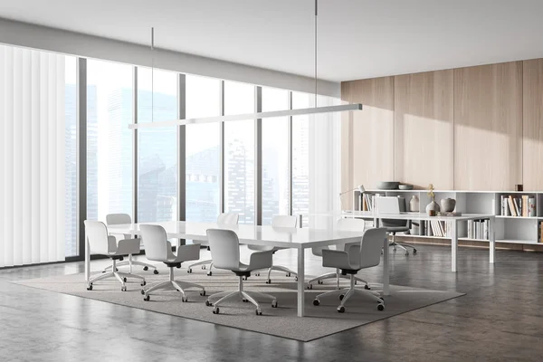 Corner Panoramic Beige White Meeting Room Interior Wood Wall Grey — Stock Photo, Image