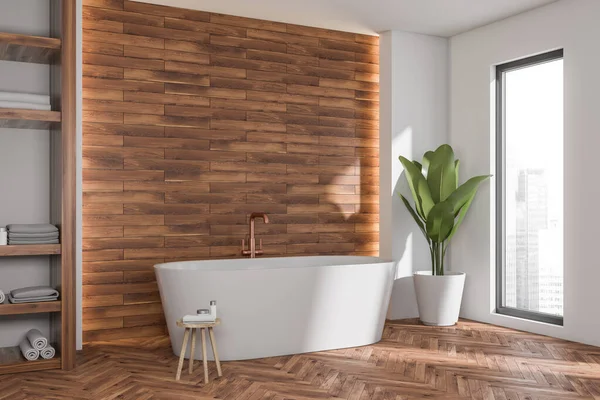 Canto Interior Banheiro Moderno Com Banheira Branca Oval Com Torneira — Fotografia de Stock