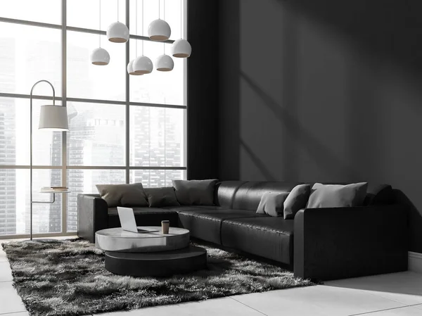 Relaxing Room Interior Dark Corner Sofa Coffee Table Laptop Panoramic — Stock Photo, Image