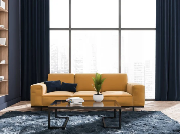 Comfy living room with yellow couch, blue carpet, cushions and curtains, parquet flooring, creative coffee table and floor to ceiling window. Concept of modern interior design. 3d rendering