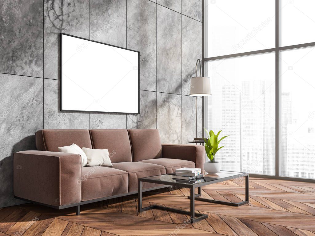 Modern living room interior with brown couch and coffee table with laptop, panoramic window with city view, lamp and plant on parquet floor. Blank copy space frame on wall, 3D rendering