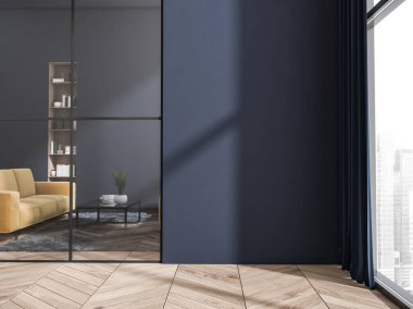 Oturma odasının koridorunda sarı kanepesi ve dar bir rafı olan boş mavi duvar. Cam bölmeli ve parke zeminli şık bir iç mekan. Modern tasarım konsepti. 3d oluşturma