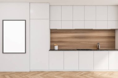 Mutfak dolabının iç kısmının yanındaki duvarda boş model çerçeve var. Ahşap kaplama ve parke döşeme var. Modern minimalist konsepte sahip beyaz tasarım. 3d oluşturma