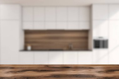 Modern minimalist beyaz mutfak dolabının bulanık arka planındaki ahşap masa. Ürün gösterimi kavramı. Model yap. - Yakın çekim. 3d oluşturma