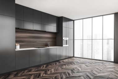 Boş mutfak manzarası, ahşap arka plan, panoramik pencere ve koyu parke. Gri tasarım, modern minimalist konsepti kullanıyor. 3d oluşturma