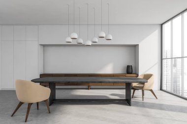 Siyah masalı hafif yemek odası, pencereli beton zeminde bej koltuklar. Modern mobilyalarla minimalist iç mekan ve boş duvarları kopyala, 3D görüntüleme