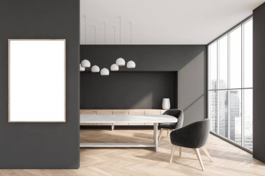 İçi ahşap masalı yemek odası, parke zemininde gökdelenli siyah koltuklar. Modern mobilyalar ve duvardaki uzay çerçevesini kopyala, 3 boyutlu görüntüleme