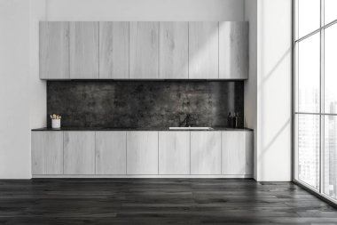 Parke zemin, dolaplar ve mermer kaplama için beyaz ahşap ve siyah ahşap malzemeler kullanılarak modern minimalist tasarımı olan mutfak alanı. Panoramik iç mekan. Modern tasarım konsepti. 3d oluşturma